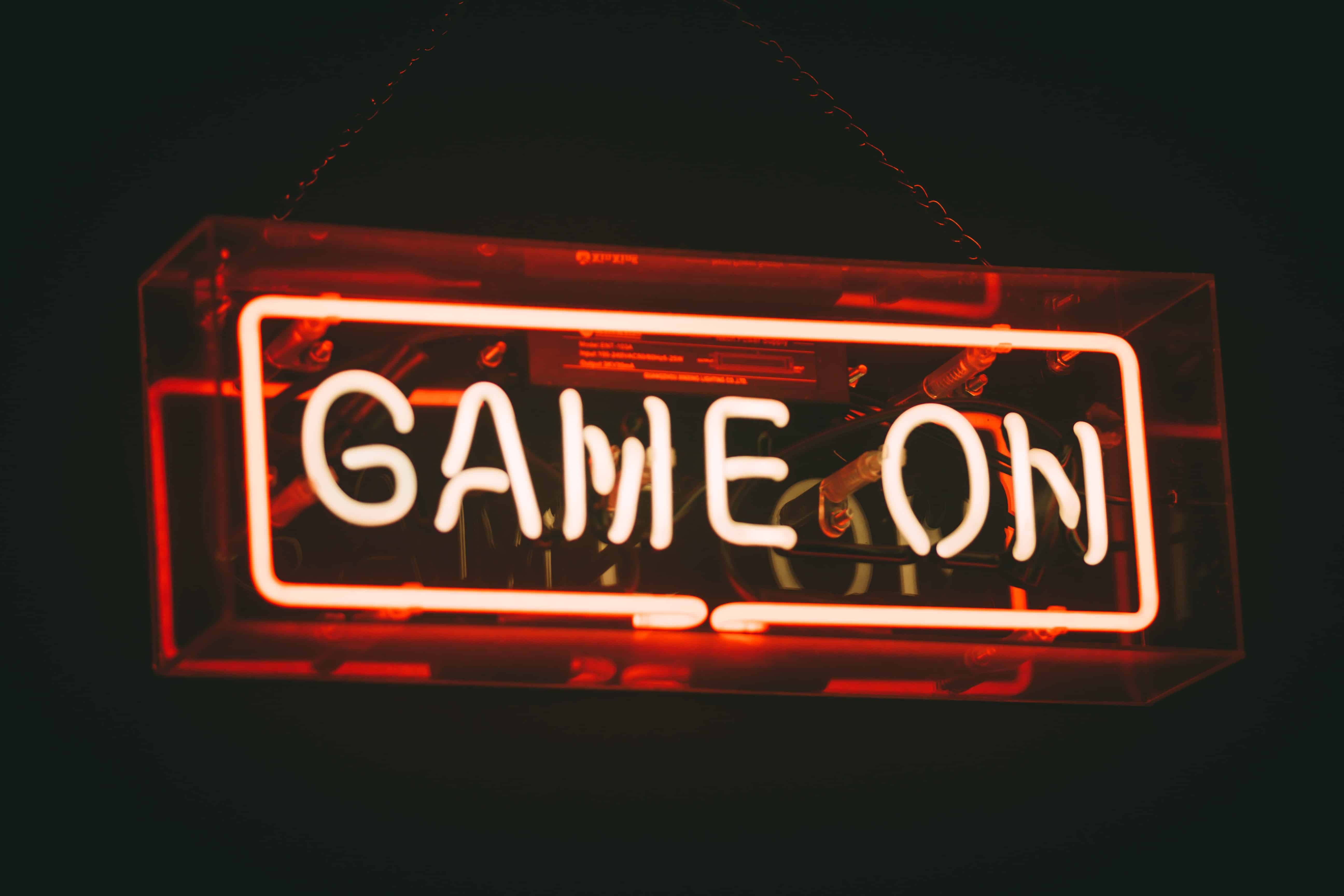 Image of a neon sign saying 'Game On'